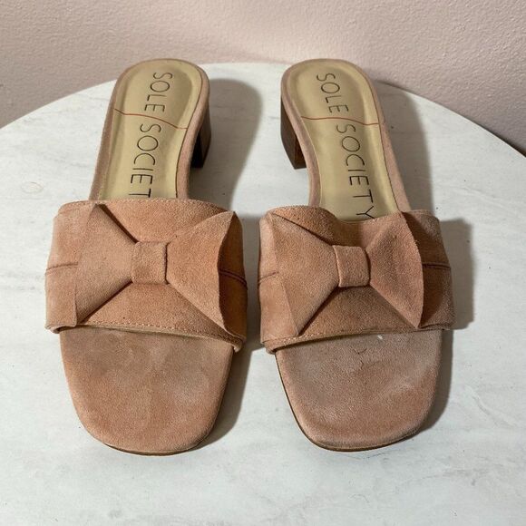SOLE SOCIETY Blush Suede Bow‎ Slides - Picture 1 of 5
